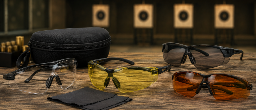 Lunettes de protection transparentes, jaunes et orange pour le tir sportif